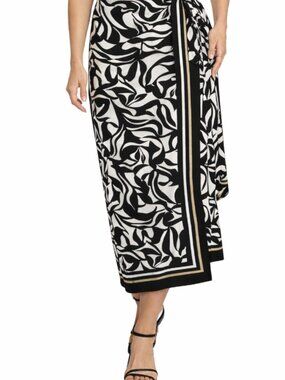 LOFT Black White Faux Wrap Skirt Size 2 Midi Length Chic Print